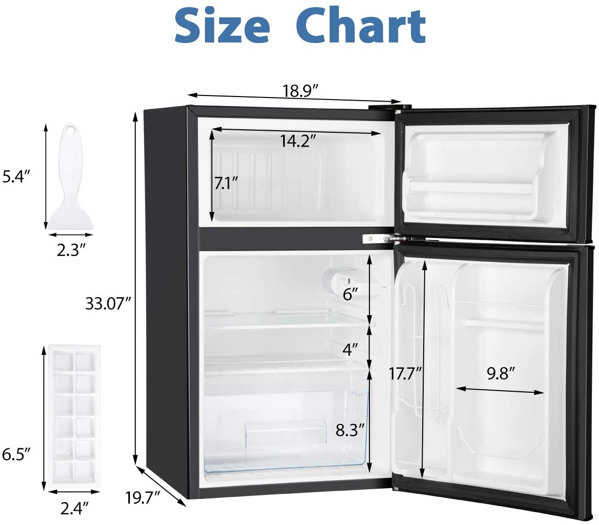 Euhomy Mini Fridge with Freezer, 3.2 Cu.Ft Double Door Refrigerator with freezer for Garage Specs
