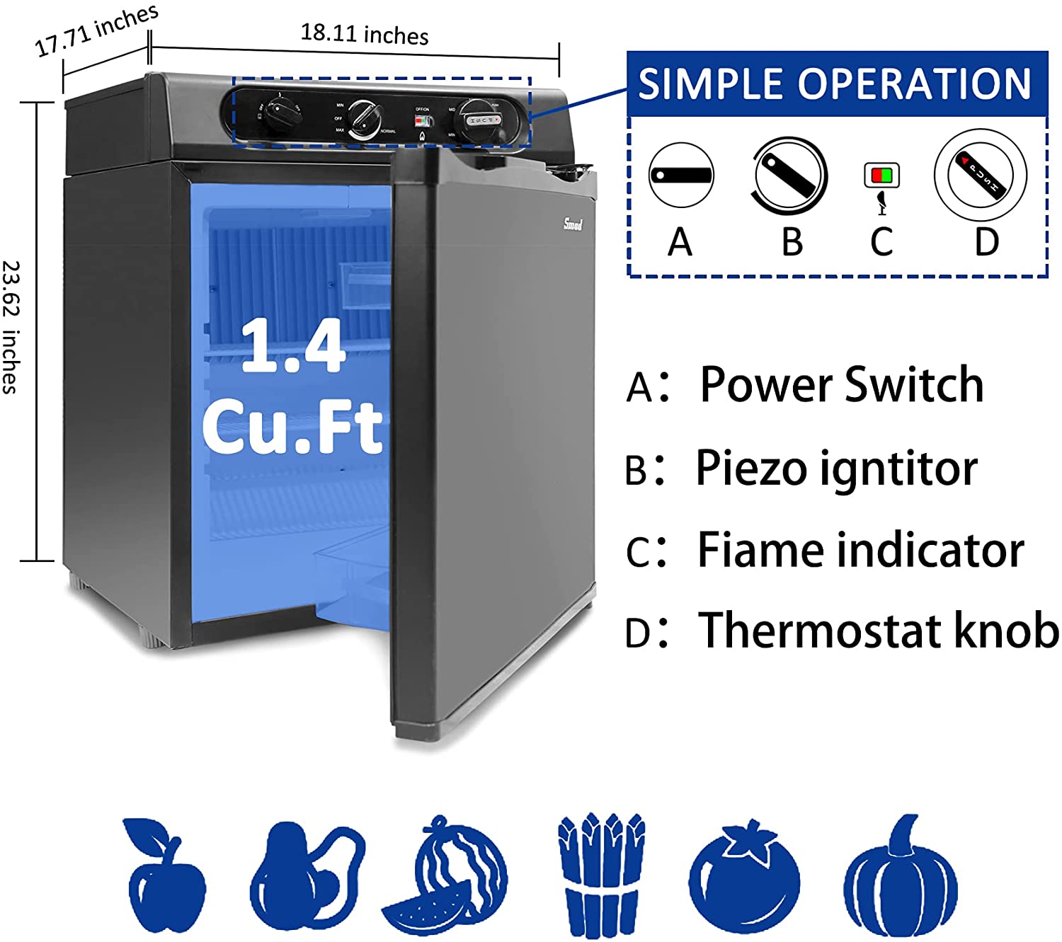  Smad Propane Refrigerator 1.4 Cu.Ft, 3 Way Mini Fridge, 12 V/110V/LPG Gas, Small Compact Refrigerator Specs
