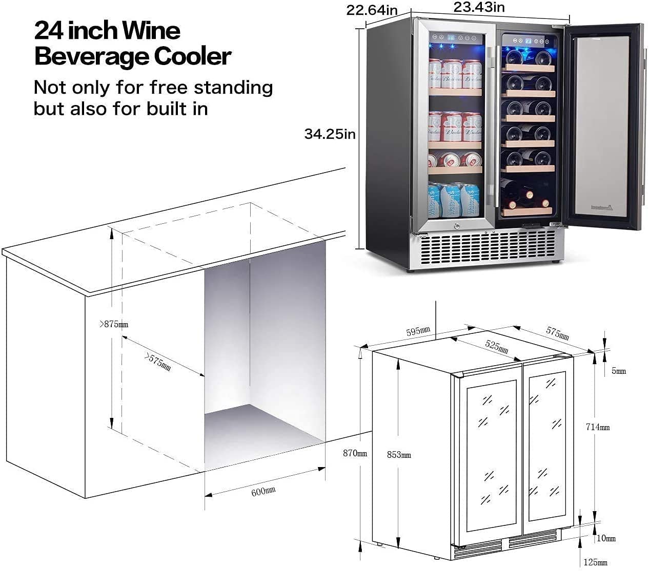 AAOBOSI Dual Zone 2-IN-1 Wine Cooler and Beverage Refrigerator Specs