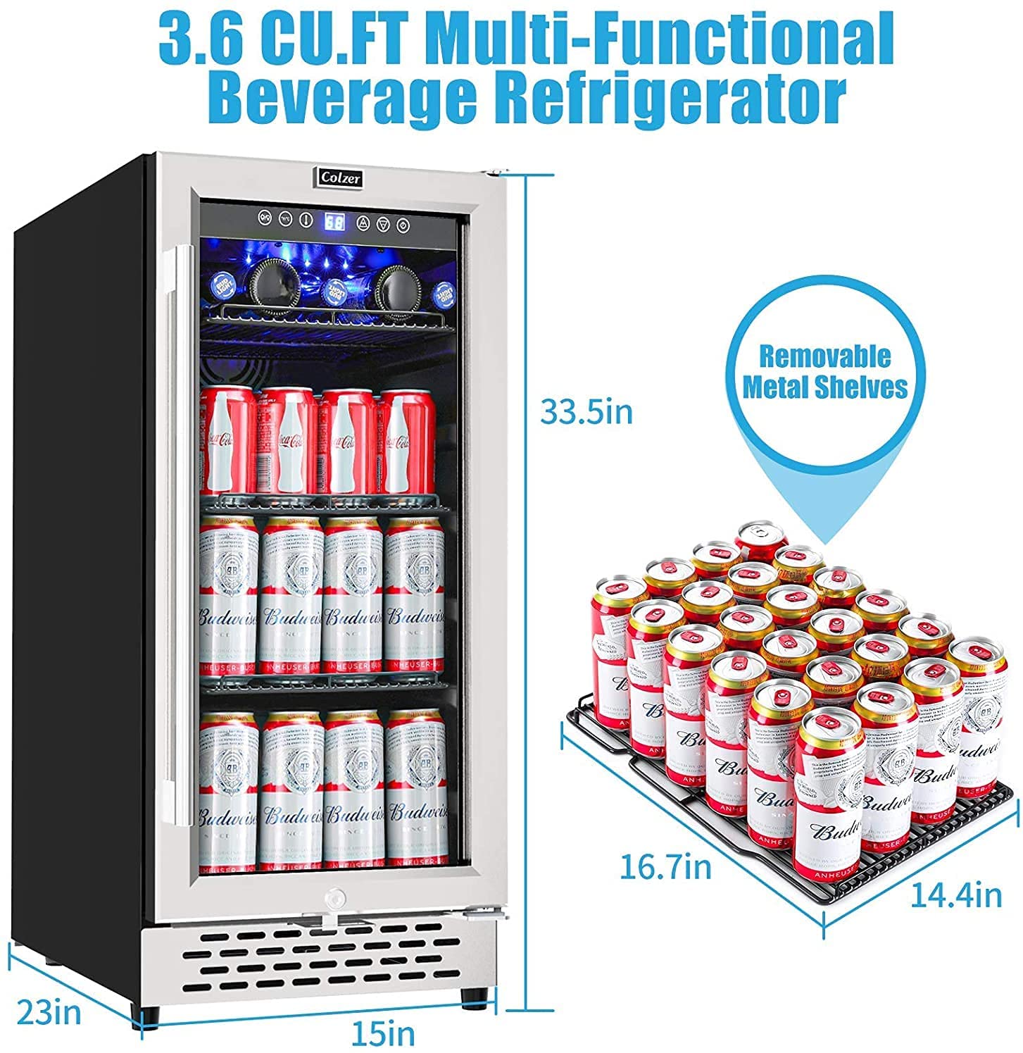 Colzer 15 inch Beverage Refrigerator with Glass Door 126 Cans Mini Beverage Specs